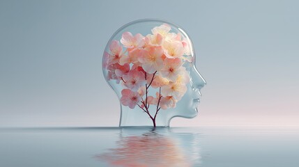 A serene, transparent head silhouette filled with blooming pink cherry blossoms, emerging from calm water with soft reflections. Symbolizes mental clarity, growth, and inner peace.