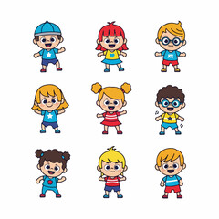 Set of nine adorable, diverse cartoon kids illustrations featuring boys and girls with bright clothing and happy expressions on a white background.