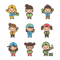 Cute cartoon kids characters holding money and books, representing financial education, saving, and economics.
