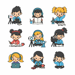 Set of cute cartoon kids illustrating creative hobbies, learning, and media production, including vlogging, filming, and reading on a white background.