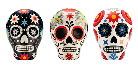 colorful decorated skulls isolated on white background png, ai generated