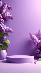 A floral scene features a platform with vibrant purple blooms