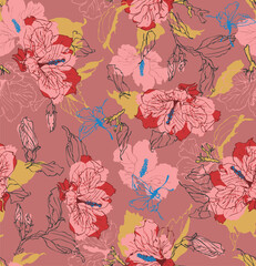 Floral Background Color Pattern Image Cute Graphics Digital Vintage Colour.Tropical seamless pattern background with exotic flowers, palm leaves, jungle leaf, hibiscus, orchid flower.
