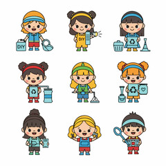 Cute cartoon girls vector set demonstrating DIY, crafting, recycling, water filtering, and sustainability activities, perfect for educational content.