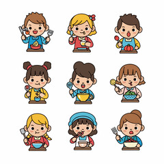 Set of cute cartoon kid characters holding food and kitchen utensils, illustrating young chefs cooking and enjoying healthy meals.
