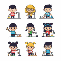 Cute Vector Set of Diverse Students Exploring Simple Machines and Basic Science Concepts Through Educational Physics Experiments.