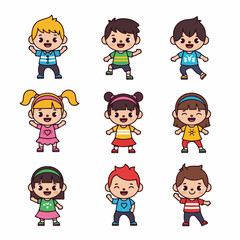 Set of nine adorable cartoon children characters, happy boys and girls standing, smiling, and waving in kawaii style.