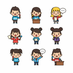 Cute cartoon children acting as reporters, journalists, and news anchors holding microphones, speaking, and expressing various emotions.