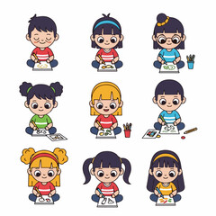 Cute vector illustration set of diverse children sitting cross-legged, happily drawing and coloring pictures, focused on creativity and learning.