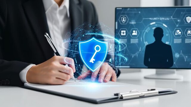 A Professional Engaging in Secure Documentation Practices with a Digital Key Graphics Overlay in the Context of Cybersecurity and Data Protection Services.