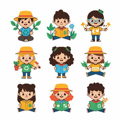 Adorable cartoon kids engaging in environmental education, reading nature books, planting trees, and learning about ecology.