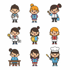Cute cartoon vector collection of diverse professional chibi characters including doctors, chefs, and office workers, isolated on white background.