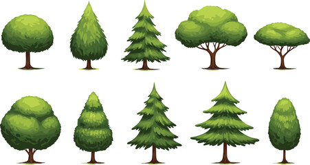 Cartoon Style Tree Collection, Green Forest Trees, Vector Nature Assets, Game Background Trees, Landscape Elements for Animation, 2D Game Design