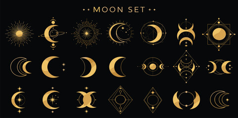 Mystical gold moon phases and sacred geometry symbols set. Esoteric astrology and alchemy icons for spiritual design