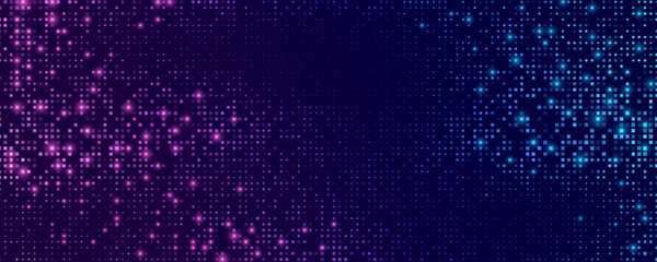 Digital glowing blue and purple pixels on dark background. Abstract backdrop of twinkling colorful dots for technology presentation, blockchain or big data concept. Vector illustration.