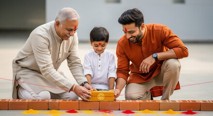 Indian Family Celebrating Traditional House Foundation Laying Ritual