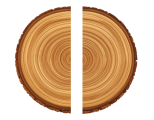 Symmetrical illustration of two halves of a tree trunk section. Showing growth rings and wood texture