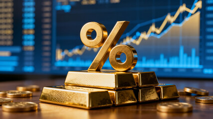 Golden Percentage Sign on Gold Bars with Stock Market Graph Background, Representing Interest Rates, Inflation, and Financial Returns