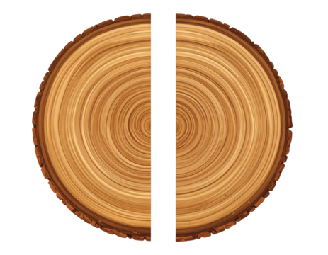 Symmetrical illustration of two halves of a tree trunk section. Showing growth rings and wood texture