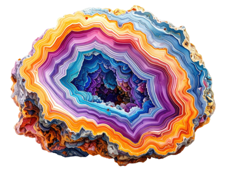 Sliced open, colorful banded gemstone, detailed patterns, textures, vibrant colors, geode look