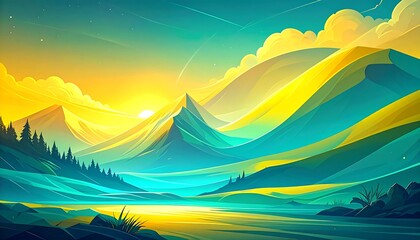 A vibrant digital painting of a mountain range at sunset. The scene is awash in yellow, teal, and blue, with a glowing sun and detailed hills