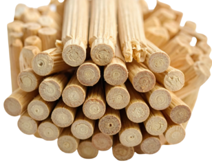 Close-up on multiple cut, wooden dowels of various lengths, revealing textures and ends