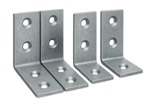 Galvanized steel corner brackets for reinforcing wooden furniture joints in DIY projects.