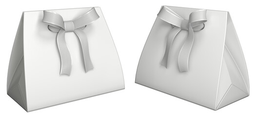 White triangular shaped gift bag with ribbon bow. 3d illustration transparent background
