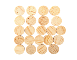 24 round wood pieces in a grid on a black background. The pieces have various grain patterns
