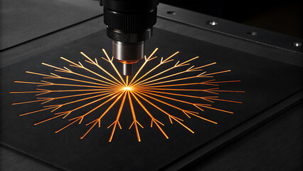 Precision laser cutting machine creating intricate starburst metal art