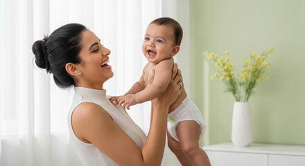 Loving mom holds joyful infant, sharing a happy laugh.