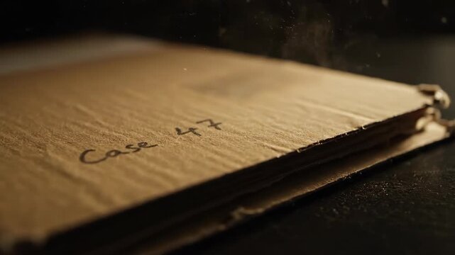 Detective investigation material with old case folder titled Case 47. Grungy documentary style footage for crime series.