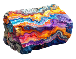 Colorful, layered cross-section of a rock with vibrant hues, resembling a geological wonder