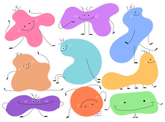 Vector illustration of funny abstract cartoon characters with colorful irregular shapes, simple faces and thin arms and legs on a white background