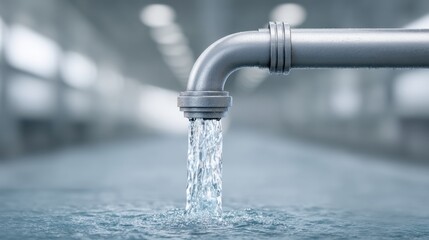 Close-Up of Water Flowing from Steel Pipe into a Reflective Surface in an Industrial Setting with Blurred Background and Ambient Lighting
