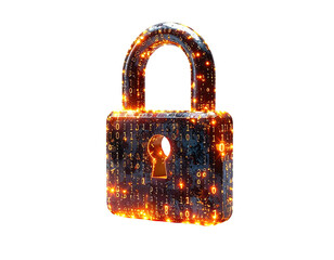 Glowing digital padlock illustration with embedded binary code, security concept