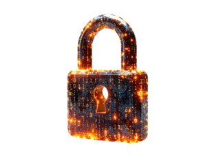 Glowing digital padlock illustration with embedded binary code, security concept
