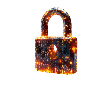Glowing digital padlock illustration with embedded binary code, security concept