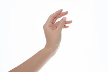 Woman's Hand Holding or Presenting Blank Brown Kraft Card on White