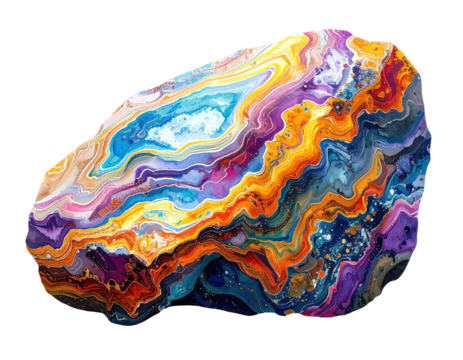 Colorful, abstract rock formation with swirling layers of vibrant hues on a black background