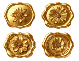 Four ornate, golden floral seals or medallions with varied, detailed embossed designs