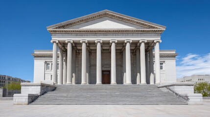 Fototapeta premium Grand Architectural Facade of Historic Building with Column Structure Against Clear Blue Sky in Urban Setting