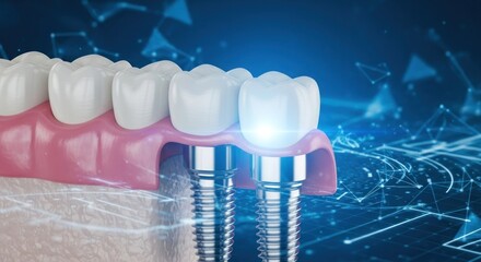 A dental implant with a crown and bridge on a blue background with a network of lines and dots.
