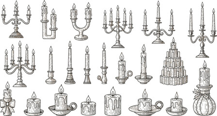Collection of various candle types, candelabras, and candle holders with different designs and styles for decorative or functional purposes
