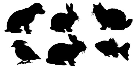 Collection of six distinct animal silhouettes including a dog cat bird two rabbits and a goldfish silhouette