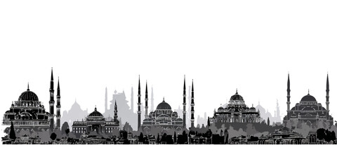 Obraz premium Iconic istanbul skyline silhouette featuring historic mosques and minarets against a white background