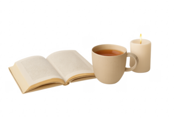 Book, cup of tea, and candle for cozy reading relaxation