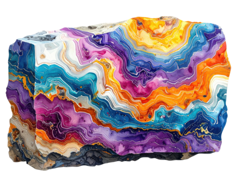 Colorful, abstract depiction of a rectangular rock formation, layered with vibrant, swirling hues