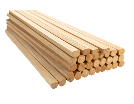 Angled shot of a stack of wooden dowels, some square, others round. Natural wood color