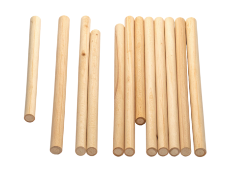 Grouping of natural light-colored wooden dowels, cylindrical and evenly cut